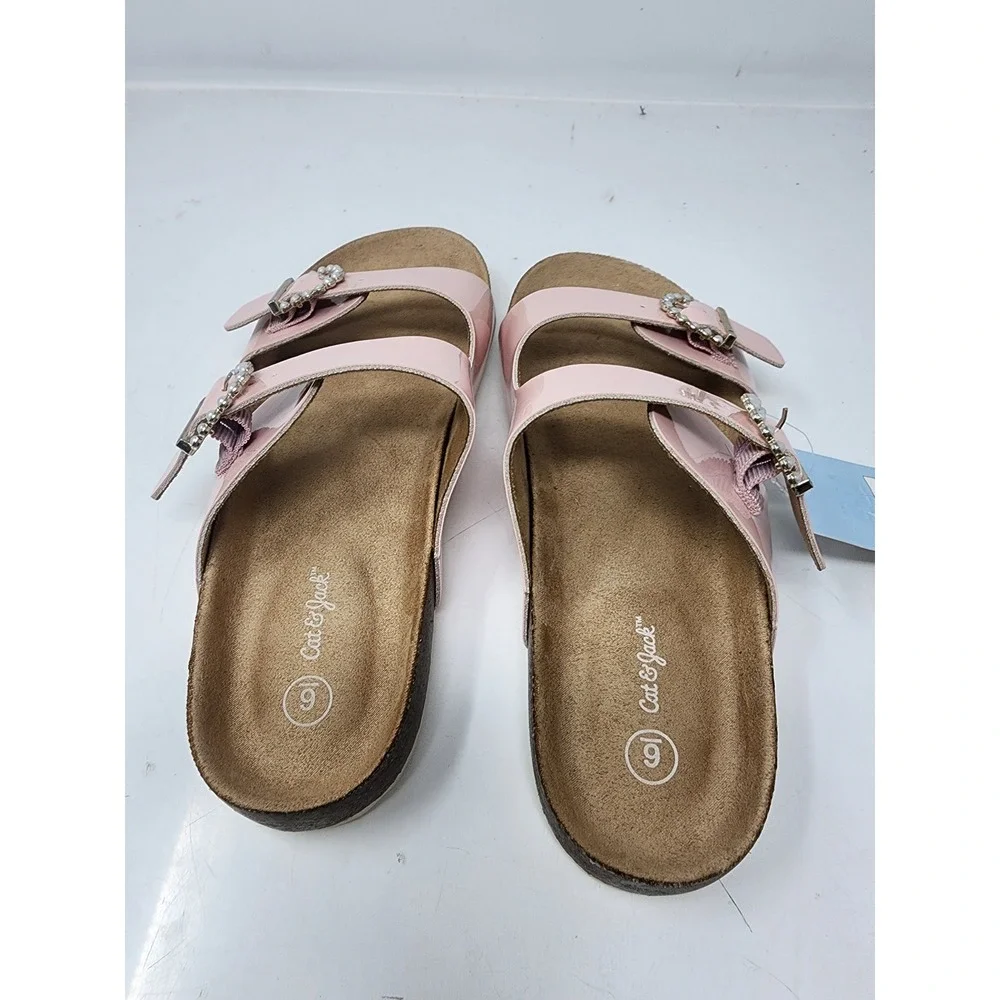 Cat & Jack‎ Girls Drew Pearl Buckle Slide Sandals Pink Faux Leather Size 6